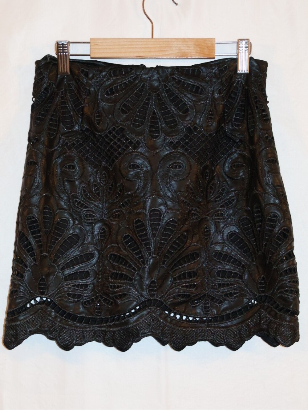 H&M Black Coated Broderie Anglaise Mini Skirt with Scalloped Hem.